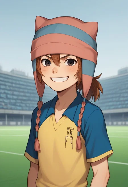 score_9, score_8_up, score_7_up, source_anime, highly detailed,
matsuno, 1boy, male focus, solo, brown hair, black eyes, hat, animal hat, sportwear, raimon, soccer uniform, raimon soccer uniform, shirt, raglan sleeves, blue shirt, yellow shirt, short sleeves, upper body, smile, grin,
outdoor,