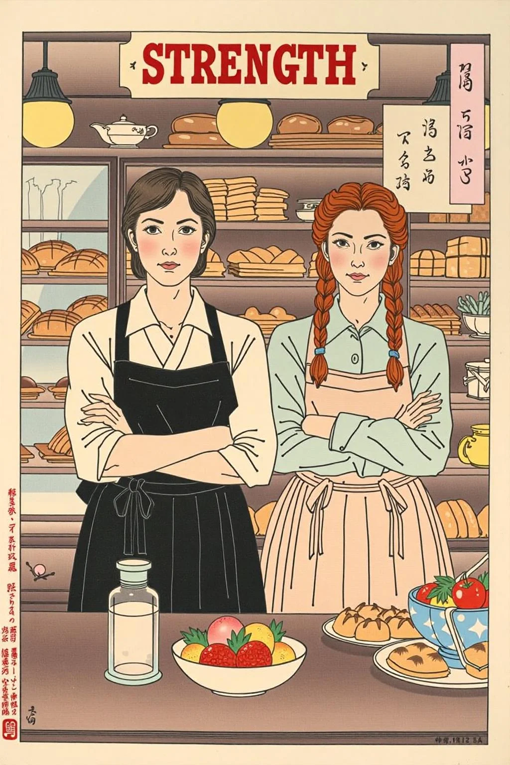 tsukioka1 Japanese woodblock print ukiyo-e.
Two young women standing behind a bakery counter. Both women have fair skin with rosy cheeks and wear aprons over long-sleeved shirts. The woman on the left has short, brown hair, and she is wearing a dark apron over a white shirt. She has a serious expression and her arms are crossed. The woman on the right has long, auburn hair styled in two braids, and she is wearing a light beige apron over a light green shirt. She has a neutral expression and her arms are also crossed. The background reveals a bustling bakery scene with shelves filled with bread, pastries, and other baked goods. The counter in front of the women is cluttered with various items, including a bowl of fruit, a glass jar, and a plate of pastries. Above the counter, a sign reads "STRENGTH" in bold red letters. The lighting is warm, with soft, yellowish tones emanating from the overhead lamps, casting gentle shadows on the women and the bakery items. The overall atmosphere is one of warmth and industriousness, with a focus on the human subjects and their interactions with the bakery environment. <lora:schnell_v1.0:1.0> <lora:tsukioka_ukyo-e4_nocap_d8a4:1.0><lora:798028438825971235:0>