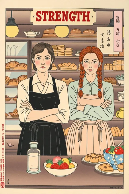 tsukioka1 Japanese woodblock print ukiyo-e.
Two young women standing behind a bakery counter. Both women have fair skin with rosy cheeks and wear aprons over long-sleeved shirts. The woman on the left has short, brown hair, and she is wearing a dark apron over a white shirt. She has a serious expression and her arms are crossed. The woman on the right has long, auburn hair styled in two braids, and she is wearing a light beige apron over a light green shirt. She has a neutral expression and her arms are also crossed. The background reveals a bustling bakery scene with shelves filled with bread, pastries, and other baked goods. The counter in front of the women is cluttered with various items, including a bowl of fruit, a glass jar, and a plate of pastries. Above the counter, a sign reads "STRENGTH" in bold red letters. The lighting is warm, with soft, yellowish tones emanating from the overhead lamps, casting gentle shadows on the women and the bakery items. The overall atmosphere is one of warmth and industriousness, with a focus on the human subjects and their interactions with the bakery environment. <lora:schnell_v1.0:1.0> <lora:tsukioka_ukyo-e4_nocap_d8a4:1.0><lora:798028438825971235:0>