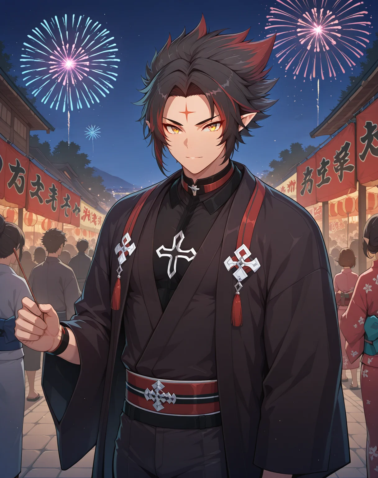 masterpiece, best quality, absurdres, very aesthetic,
1boy, solo, yaoi, male focus,
looking at viewer, cowboy shot,
<lora:Ryan_Werewolf:1> ryanwerewolf, black hair, multicolored hair, pointy ears, facial mark, red hair, two-tone hair, streaked hair, forehead mark, yellow eyes,
yukata, open clothes,
outdoors, festival, night, fireworks, crowd,