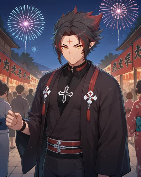 masterpiece, best quality, absurdres, very aesthetic,
1boy, solo, yaoi, male focus,
looking at viewer, cowboy shot,
<lora:Ryan_Werewolf:1> ryanwerewolf, black hair, multicolored hair, pointy ears, facial mark, red hair, two-tone hair, streaked hair, forehead mark, yellow eyes,
yukata, open clothes,
outdoors, festival, night, fireworks, crowd,