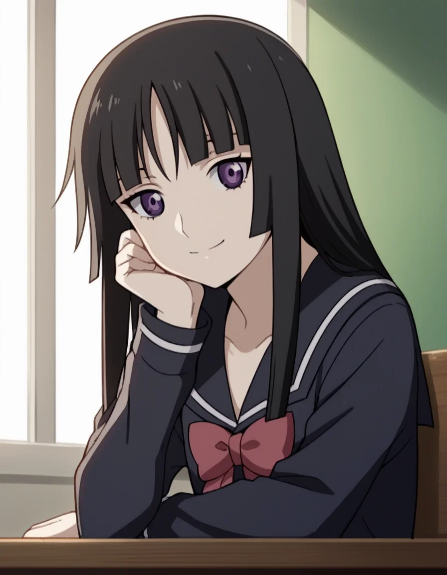 score_9, score_8_up, score_7_up, source_anime, <lora:yomi-isayama-s1-ponyxl-lora-nochekaiser:1>, yomi isayama, long hair, bangs, black hair, purple eyes, blunt bangs, hime cut, long sleeves, bow, school uniform, serafuku, black serafuku,, indoors, smile, looking at viewer, solo, sitting, head rest, table,, cowboy shot, dutch angle