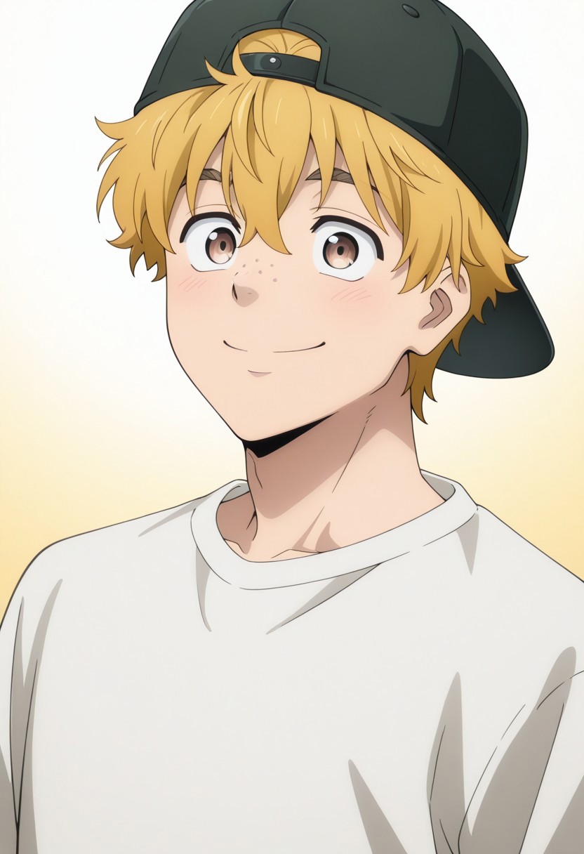 masterpiece,best quality,amazing quality, source_anime,
AkihikoNirei, 1boy, male focus, solo, brown eyes, blonde hair, freckles, smile, happy, baseball cap, backwards hat,