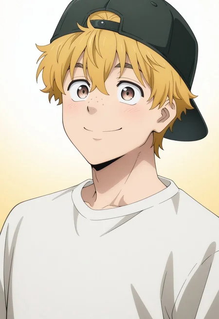 masterpiece,best quality,amazing quality, source_anime,
AkihikoNirei, 1boy, male focus, solo, brown eyes, blonde hair, freckles, smile, happy, baseball cap, backwards hat,