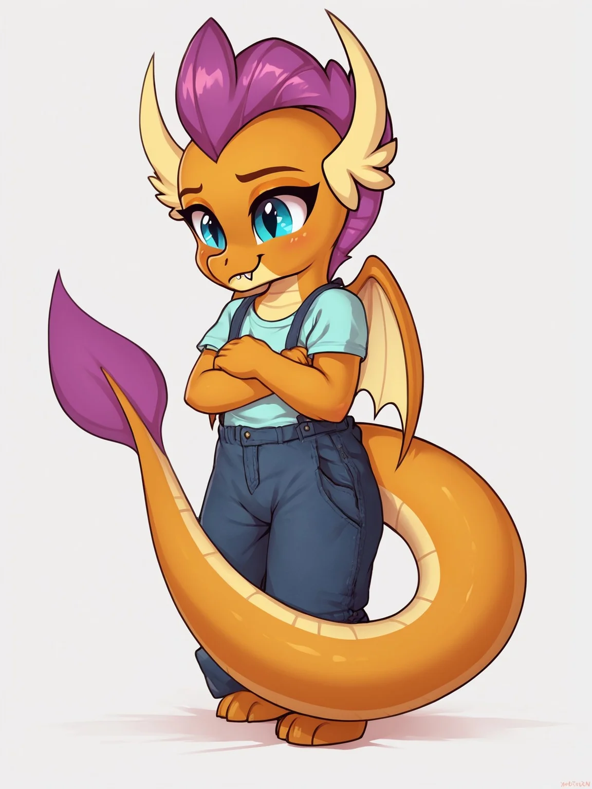 score_9,score_8,source_furry,
<1girl:1.5>,
<solo:1.5>,
1girl, orange body,orange skin,purple hair,dragon,dragon tail,
<simple background:1.5>,
<white background:1.5>,
<lora:Smolder_MLP-PonySDXL:1> smolder_mlp