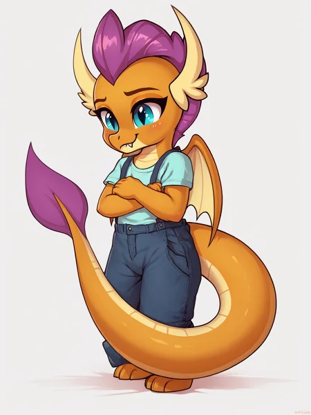score_9,score_8,source_furry,
<1girl:1.5>,
<solo:1.5>,
1girl, orange body,orange skin,purple hair,dragon,dragon tail,
<simple background:1.5>,
<white background:1.5>,
<lora:Smolder_MLP-PonySDXL:1> smolder_mlp