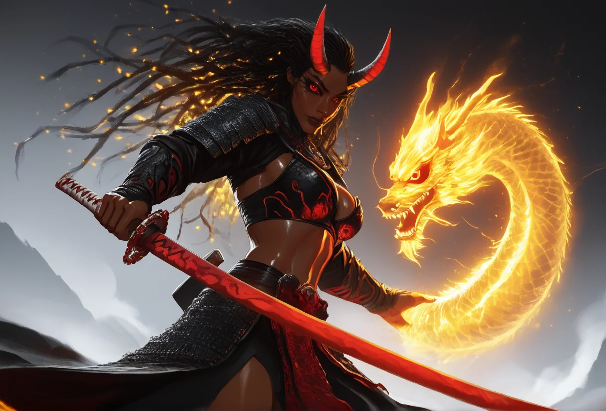 (score_9, score_8_up:1.1), score_7_up, 1girl , solo, dark skinned, oiled, sweaty, ((black dread locks, )) ((glowing red eyes, red sclera)), short black oni horns, thick devil tail, skimpy, Slight build, well muscled, Egyptian Eye makeup, dark brown lips, long sharp nails, volumetric lighting, dynamic shadows, Egyptian jewelry, cleavage, midriff, ((Red Samurai Armor)), Katana, Egyptian setting, oasis in a desert, cowboy pose <lora:add-detail-xl:.5> <lora:officialpit_style_v11:.1><lora:Expressive_H:.75> <lora:incase-ilff-v3-4:.7> <lora:ElementalDragonSamuraiPony:1>