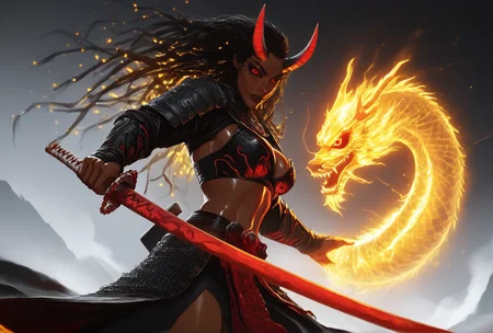 (score_9, score_8_up:1.1), score_7_up,  1girl ,  solo,  dark skinned,  oiled, sweaty, ((black dread locks, ))  ((glowing red eyes, red sclera)), short black oni horns,  thick devil tail,   skimpy,   Slight build, well muscled,   Egyptian Eye makeup,  dark brown lips,  long sharp nails,     volumetric lighting,  dynamic shadows,  Egyptian jewelry,  cleavage, midriff, ((Red Samurai Armor)),  Katana,  Egyptian setting,  oasis in a  desert,  cowboy pose   <lora:add-detail-xl:.5>  <lora:officialpit_style_v11:.1><lora:Expressive_H:.75> <lora:incase-ilff-v3-4:.7>   <lora:ElementalDragonSamuraiPony:1>
