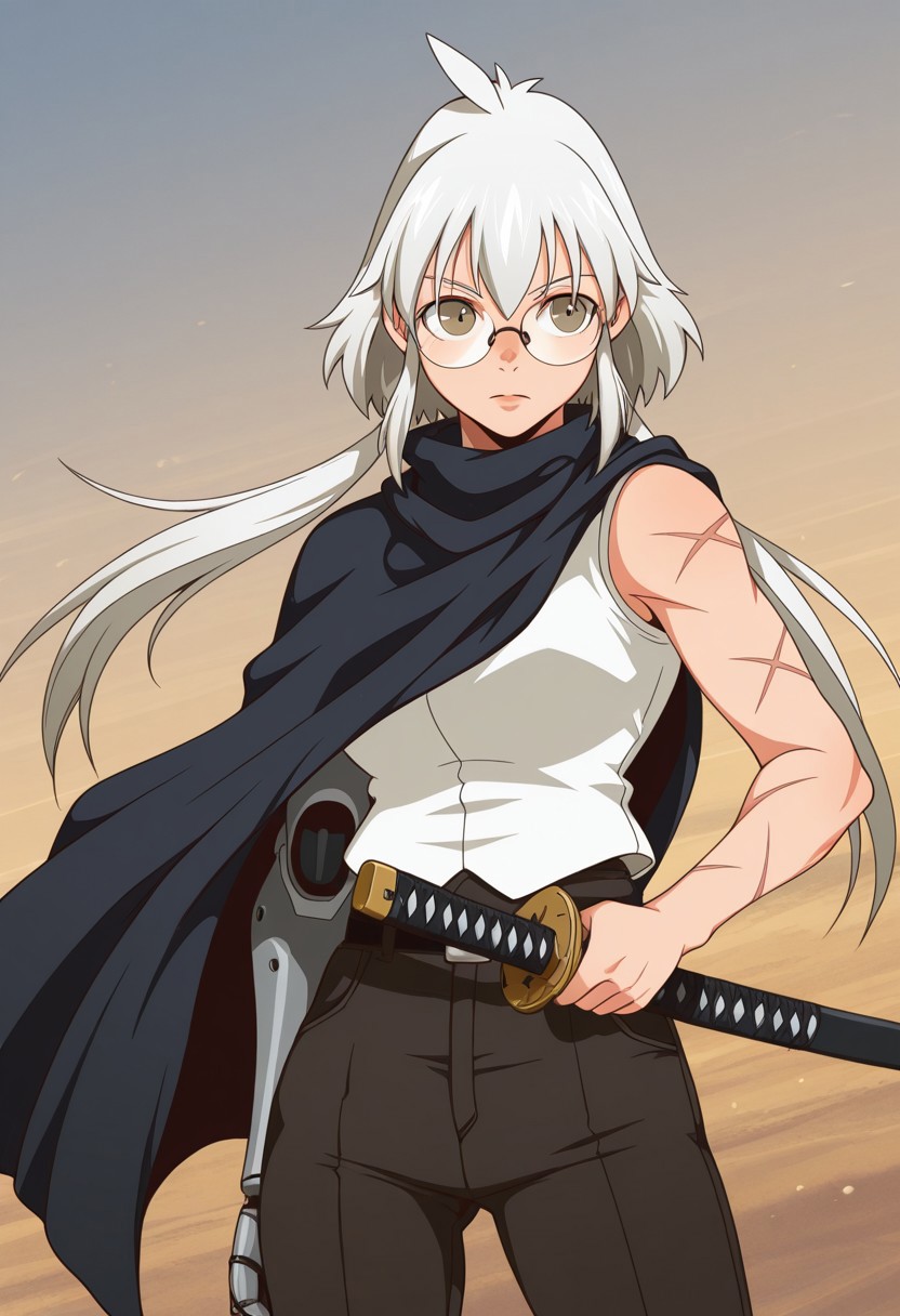 Yoo Mira, white long hair, scars, pale yellow eyes, glasses, metal prosthetic arm, dynamic pose, weapon, katana, holding sword, ready to draw, anime style,