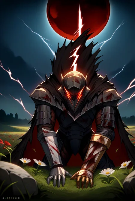 score_9, score_8_up, score_7_up, source_anime, looking at viewer, cowboy shot, 
<lora:GutsPdxlDwnsty:1>,Guts_Berserker, helmet, red eyes, glowing, black armor, clawed gauntlets, claws, torn cape, blood on clothes, 
 medieval, grass, flower field, moonlight, stone, red moon, cineamtic lightning,