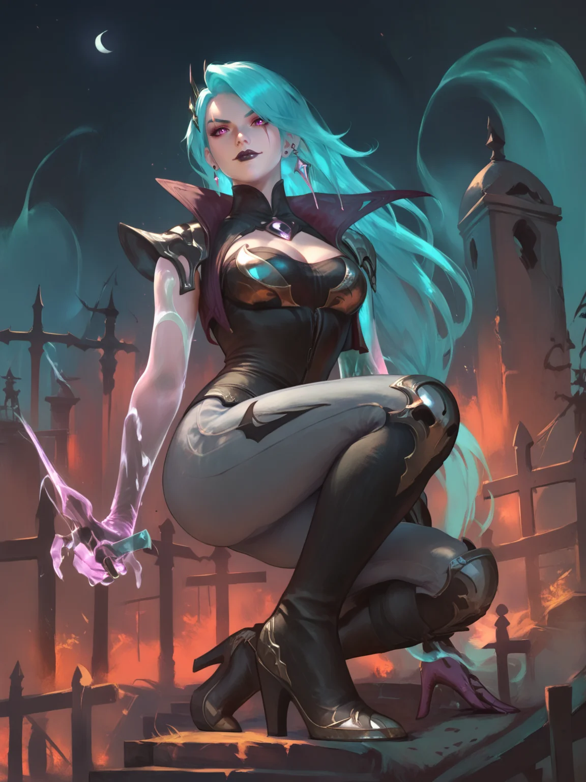 score_9, score_8_up, score_7_up, BREAK, KatarinaDS, turquoise hair, hairpin, scar on eye, black lips, purple eyes, high collar, black corset, one glowing ghost hand, one glove, glowing daggers, gray pants, black boots, graveyard background, fogy night, wodeipoi, sitting, squatting, evil smirk, arrogance, from below view <lora:KatarinaDS:1> <lora:wodeipoi:1>