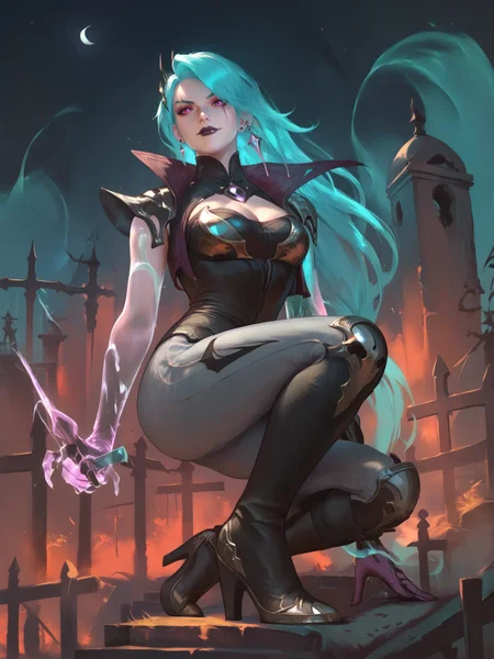 score_9, score_8_up, score_7_up, BREAK, KatarinaDS, turquoise hair, hairpin, scar on eye, black lips, purple eyes, high collar, black corset, one glowing ghost hand, one glove, glowing daggers, gray pants, black boots, graveyard background, fogy night, wodeipoi, sitting, squatting, evil smirk, arrogance, from below view <lora:KatarinaDS:1> <lora:wodeipoi:1>