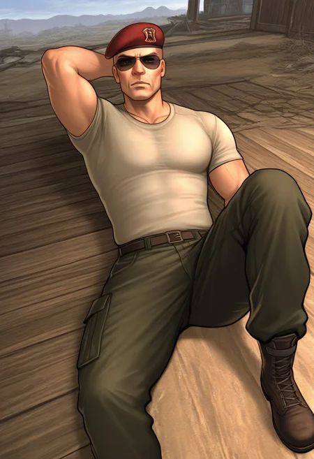 perfect anatomy, perfect proportions, best quality, masterpiece, high_resolution, high quality, best aesthetic, incredibly absurdres, highres, extremely detailed, huge filesize, solo male, adult, mature, masculine, manly, handsome, charming, alluring, full body, dutch angle, cowboy shot, perfect face, source_game \(Fallout: New Vegas\), official style \(Fallout: New Vegas\), Craig Boone, FNVBoone, bald, green eyes, Boone_Outfit01, sunglasses, red beret, 1st Recon beret\(Fallout: New Vegas\), 1st Recon emblem\(Fallout: New Vegas\), white undershirt, short sleeves, brown military-esque cargo pant, combat boots, indoors, lying on wooden floor, lying on back, spread legs, hand behind head, dynamic angle, Fallout: New Vegas location, post-apocalyptic ruins, desolated landscape, dark blue sky