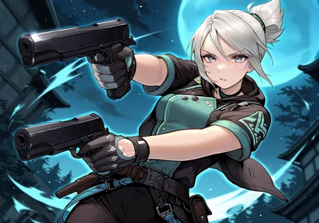 embedding:IllusP0s, m1911a1, holding, handgun, jett_\(valorant\), dynamic pose, shooting pose, determined, dynamic angle, outdoors, night, 1girl, solo, embedding:Smooth Quality, embedding:IllustriousQual,<lora:m1911a1_ill.safetensors:1.0:1.0>