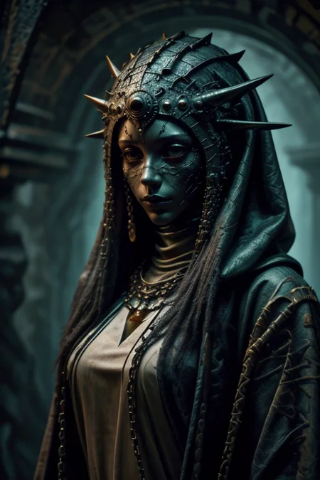 1girl,cowboy shot,at distance,<lora:dungeon v1:0.7>,dungeon-background,dungeon,underground,stone wall,moss,<lora:cultiste:0.7>,cloak,hood up,robe,jewelry,chain,spike,<lora:Concept_-_Hella-sthetic_v2:0.7>,ceramic mask,, intricate, elegant, highly detailed, symmetry, magical atmosphere, sharp focus, majestic, very coherent, radiant, advanced, cinematic, artistic, fine detail, winning, beautiful, stunning, dramatic light, designed, rich deep colors, perfect professional background, ambient, tailored set composition