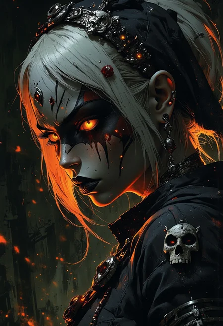 ArsMJStyle, dnddarkestfantasy, portrait of beautiful oriental female shaman, electric white hair in a straight-cut bob, bangs, with skull-themed hair ornaments, black and white face paint in a skull fashion, burning bright eyes, silhouetted, chiascuro, vivid neon colours. Perfect Composition, realistic photographic image, RAW photo highest quality, perfect directional lighting, highly detailed face, dark eye-shadow, high contrast, viewed from side