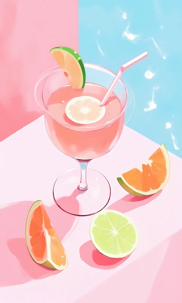 Acrylic painting of a glass with pink drink, big orange and green fruit slices on the table, pastel colors, minimalism, sun rays, birds eye view, pink background, blue shadows, pink light reflections, watercolor, soft, pastell palette, summer vibes