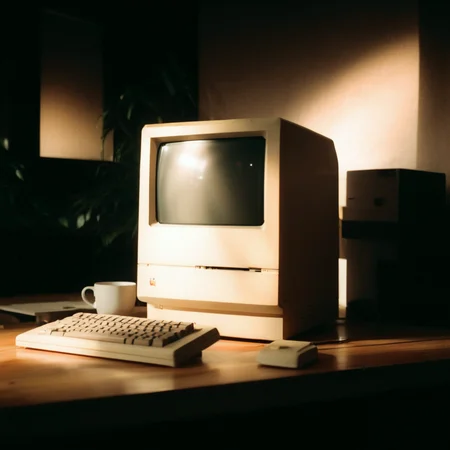 film photography, cinematic lighting, film grain, (shadow:1.1), old macintosh computer on desk, glowing screen, no humans, scenery, indoors
simple dark background, sepia theme, (light leak:1.3), <lora:Old_Macintosh_Computer:1>, <lora:Light_leak:0.7>