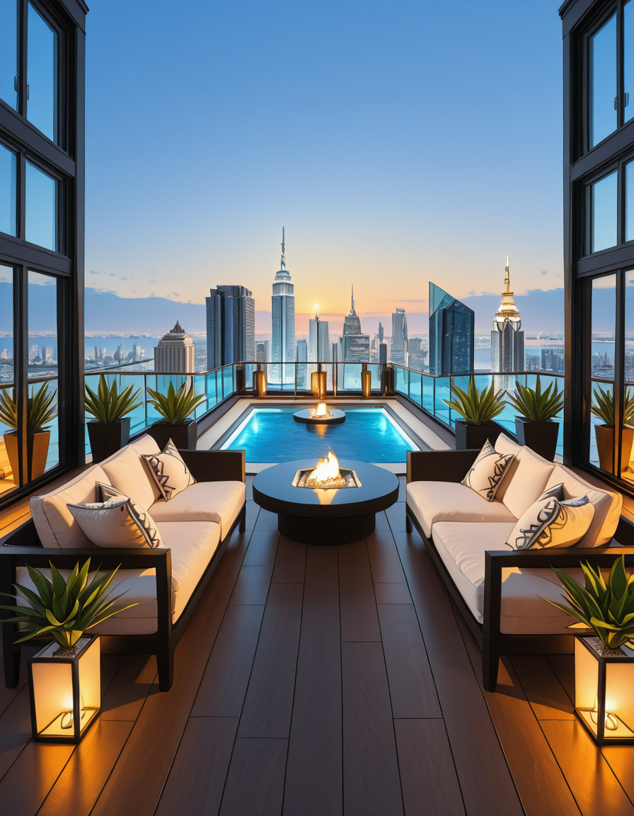 A breathtaking photo of a luxurious private rooftop at sunset, designed in a modern and elegant architectural style. The rooftop features a large infinity pool with crystal-clear water reflecting the warm golden hues of the sky. Surrounding the pool are plush, oversized lounge chairs with soft white cushions, neatly arranged under stylish wooden pergolas with flowing white curtains. In the background, a panoramic city skyline with shimmering skyscrapers stretches across the horizon. Ambient string lights hang delicately overhead, casting a soft, romantic glow. A chic outdoor bar with marble countertops is positioned on one side, decorated with fresh tropical plants and golden lanterns. The atmosphere feels serene and exclusive, with subtle reflections on the polished wooden floor. The lighting is a perfect mix of natural sunset tones and ambient soft white lights. The overall mood is peaceful, sophisticated, and inviting, ideal for an elite gathering or private escape.
<lora:SDXLFaeTastic2400:0.4> <lora:extremely_detailed:0.4> extremely detailed, <lora:luxurious_pr1v4t3_r00ft0p-i:1>,luxurious pr1v4t3 r00ft0p, Masterpiece,best quality,hi res,8k,hi res,8k,award winning,(sharp focus, intricate, highly detailed),