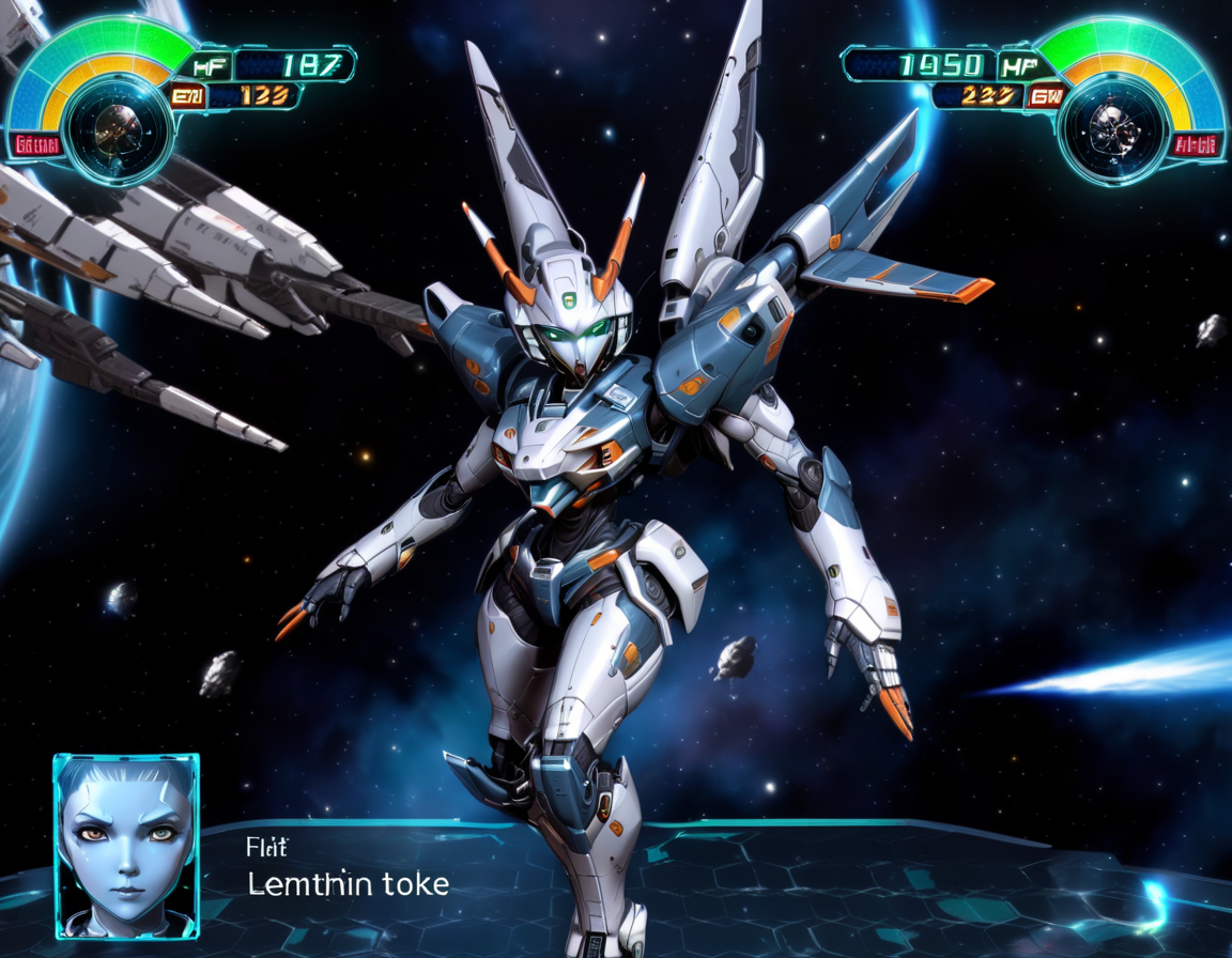 "0599", high quality, A strategic space combat scene within a mecha game interface, now featuring the whimsical Robot Girl in place of the traditional mecha. The playful yet determined expression of Robot Girl's animated avatar replaces the pilot's portrait. Her character, rendered with vivid detail and glowing accents on the game's HUD, stands ready for action, with high HP and energy levels underscoring her resilience. The backdrop of the serene expanse of space sets the stage for the impending futuristic battle, highlighting the contrast between whimsy and the serious nature of high-tech combat, <lora:rw4:0.7>  ,<lora:EnvyMechaGirlXL02:0.7>