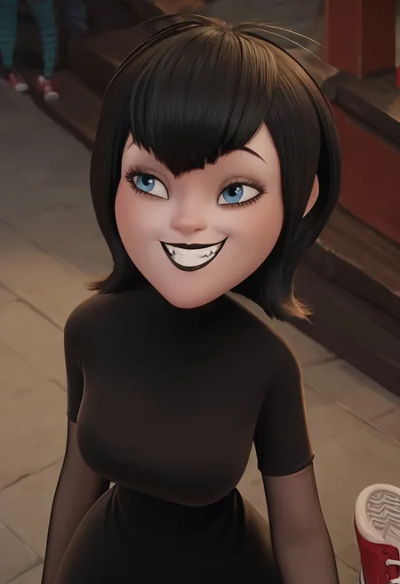 score_9, score_8_up, score_7_up, ultra quality, solo, 1girl, black hair, short hair, blue eyes, fangs, black lips, black nails, black dress, grey elbow gloves, striped pantyhose, red sneakers, smug smile, face focus, breasts, big hips, huge butt, bubble butt, curvy, narrow waist, standing, looking to the viewer, view from above, close up, screencap