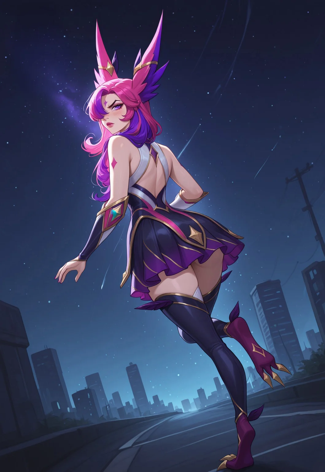 masterpiece, best quality, amazing quality, very aesthetic, absurdres, ultra-detailed, highly detailed, intricate details, newest, soft rim lighting, starry sky, night, city, BREAK
full body, running, from behind, looking back, annoyed, BREAK
LOLCSGXayah, star guardian (league of legends),
1girl, animal ears, ear ornament, official alternate hair color, two-tone hair, pink hair, purple hair, long hair, hair over shoulder, hair over one eye, purple eyes, slit pupils, pink eyeshadow, pink lipstick, pink nail polish, bird legs, diamond facial mark, arm markings,
official alternate color, starry sky print, bare shoulders, multicolored dress, feathers, chest juwel, partially fingerless gloves, multicolored gloves, elbow gloves, black detached leggings,