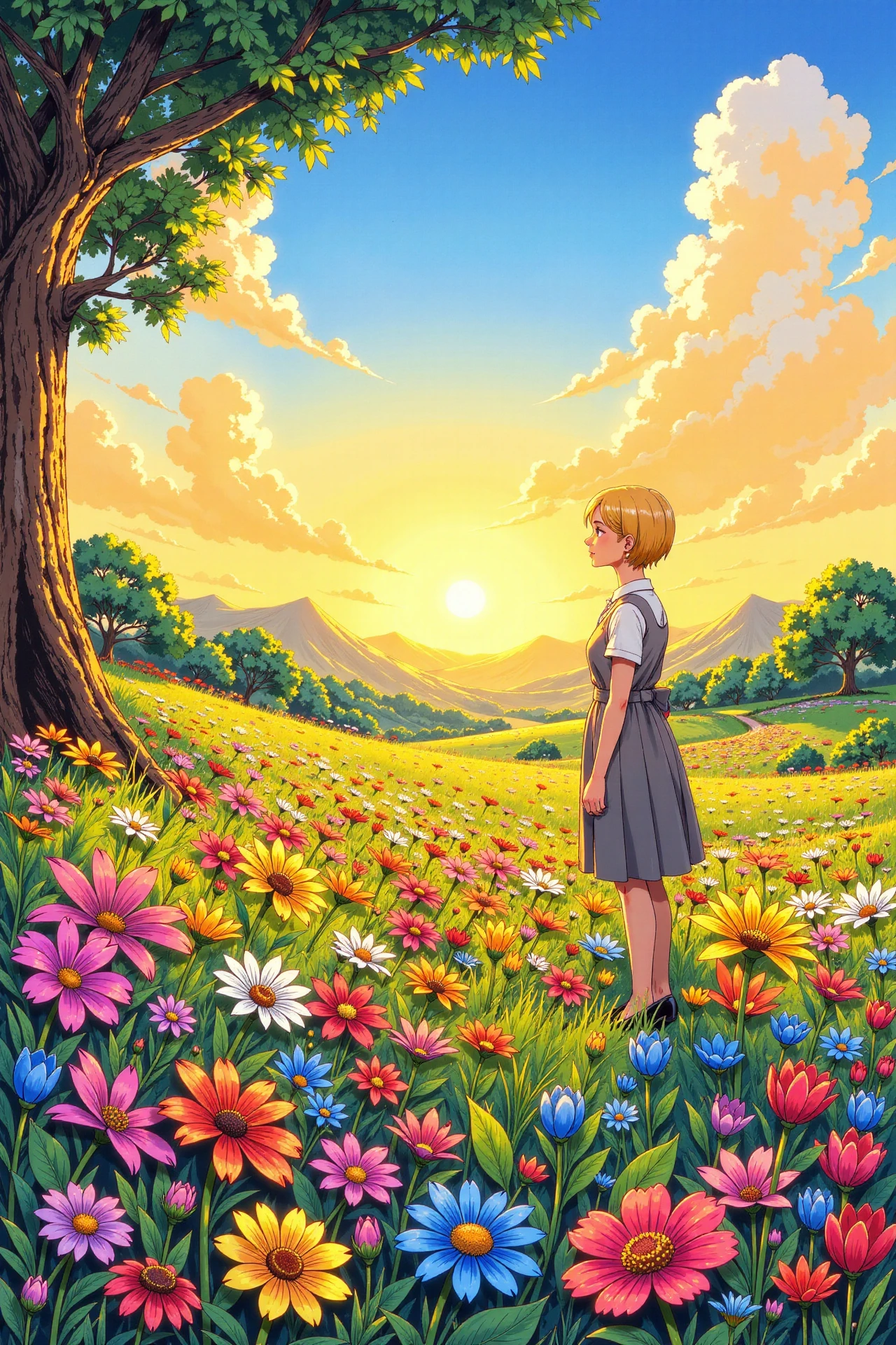 a flower growing beautiful anime landscape, golden hour, woman, very intricate, very detailed, sharp, bright, colorful, <lora:Hand v2:0.5> <lora:Anti-Blur:1><lora:Insane Detail Slider:0.25>  <lora:flux.1_lora_flyway_Epic-detail_v2:0.3> <lora:fluxenhancer:0.25> <lora:ROWER:0.6> <lora:flux-charmer-v1-1:0.4> <lora:Cozy_Paradise:1> <lora:CrayonDrawing_v1:1> Crayon Drawing