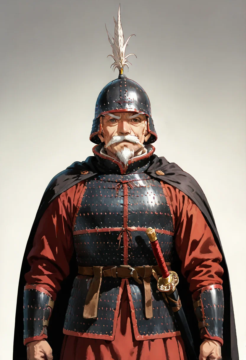 masterpiece, best quality, absurdres, detailed skin, detailed eyes, anime colored, anime screencap,
1 man, brown eyes, old man, white mustache, white beard, thin mustache,
<lora:Chinese_Han_Dynasty_armor:1>, hanarmor, hanhelmet, armor, helmet, sword, sheathed, upper body,