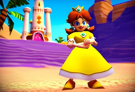 score_9, score_8_up, score_7_up, source anime, n64zeldastyle, 3d, polygonal, full body, nintendo 64, mario 64, (Princess Daisy:1), standing, outdoors, in desert, brown hair, yellow dress, princess dress, rocks, long dress, solo, sand, palmtrees, facing viewer, smile, full body, arabian castle in background,