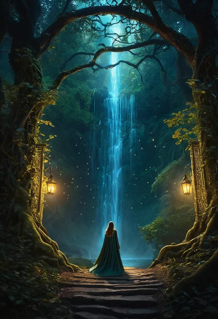 professional, (4k photo:1.1) , (Sharp focus:1.3), high detail, (extremely thin, slender, slim, long legs),
 <lora:spotlight:1> dark theme, silhouette, magical lighting, fantasy,
(In the depths of an ancient enchanted forest shrouded in perpetual twilight, where trees stretch skyward, entwined with glowing vines and whispering leaves, a woman clad in a cloak of iridescent feathers weaves spells of protection and harmony, her chants blending with the melody of a hidden waterfall.,Ancient library with hidden magic, shelves tower with dusty tomes, secret passages barely visible, a curious girl in a lantern-lit aisle reads a glowing book, mysterious symbols float around her, camera angle peeking through a shelf, warm, amber lighting, enchanting silence.:1.2)
<lora:greg_rutkowski_xl_2:0.8> greg rutkowski, , (expressionism, impressionism, broad brush strokes:1.4)