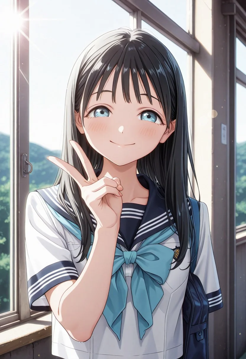 solo, woman, komichi_akebi, sailor, smile, V hand sign, window, sun glare, school outdoor, high quality, best quality, masterpiece, 4k resolution, anime
