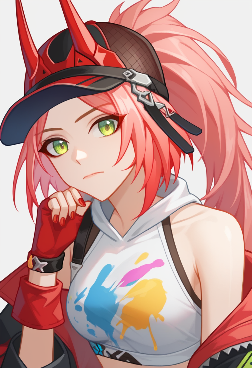 score_9,score_8_up,score_7_up,<lora:rappa:1>,rappa_(honkai:_star_rail),1girl,red_gloves,white_shirt,looking_at_viewer,baseball_cap,shoulder_cutout,paint_splatter,nail_polish,bare_shoulders,hood,solo,official_alternate_costume,upper_body,fingerless_gloves,jacket,closed_mouth,
