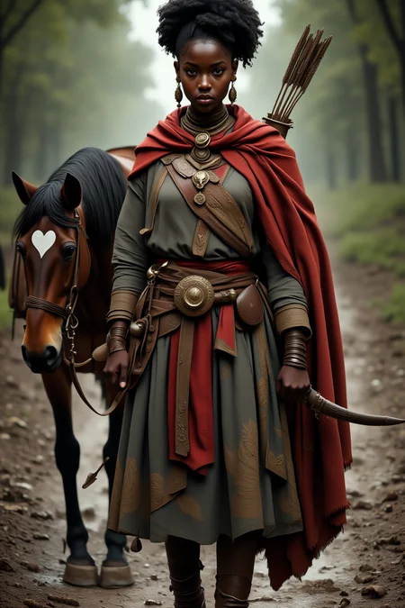 A photo-realistic shoot from a front camera angle about a young woman dressed in traditional clothing stands confidently beside a horse in a forest setting, holding a bow and arrow. on the middle of the image, a 20-year-old dark-skinned woman with an afro hairstyle appears to be standing, looking directly at the viewer with a serious expression. she is wearing a long, flowing dress with intricate gold embroidery and a red shawl draped over her shoulders. her hair is styled in an intricate updo, and she is adorned with jewelry including earrings, a necklace, and a sword. on her right side, a brown horse with a black mane and a white heart-shaped mark is standing beside her. the background is blurred, with trees and greenery, and the lighting is soft and natural, creating a serene atmosphere.

A full body portrait, standing pose, photorealistic, African, fantasy, woman, archer, D&D character, full body portrait, photorealistic, draped cloak, bow, Greg Rutkowski visual style, belt, pouches, cinematic portrait, bun hair, dark skin, detailed, curly hair, horse, wilderness, forest, muddy road, worn boots, styled ornaments, tribal clothing, detailed clothing textures, depth of view, natural sunlight, elegant tribal jewelry, earrings, beaded necklaces, broche or pendant, D&D, fantasy superhero, rogue