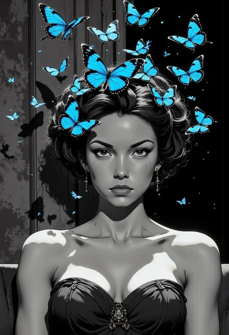 diclrpp, A cinematic black and white portrait of a woman with an elaborate architectural updo hairstyle, photographed against textured gray velvet. Her skin, couture gown, and surroundings are rendered in rich monochromatic tones with dramatic lighting that creates deep shadows and bright highlights. The only color comes from a cluster of vibrant butterflies emerging from within her sculptural hairstyle - their wings displaying jewel tones of glowing cyan that appear almost luminous against the grayscale setting. Some butterflies rest partially in her hair while others have just taken flight, creating a fluttering halo of color around her otherwise monochrome appearance. The contrast is heightened by the perfectly still, serene expression on the woman's face, as if the chromatic emergence is a natural extension of her being rather than something extraordinary. Tiny particles of dust or pollen visible in the dramatic lighting appear temporarily colored when passing through the butterfly cloud. .j_art