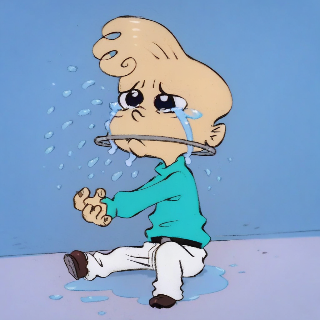 jimmycharacter, male, solo, 1boy, fair skin, white hair, quiff hair, magenta eyes, brace ring, cyan sweater, white pants, black belt, dark brown shoes, sitted, crying