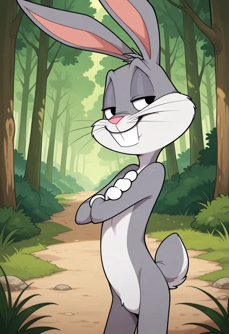 masterpiece, best quality, amazing quality,
forest setting, solo, 1boy,
(bugs bunny), black eyes, rabbit, grey fur, white fur, two tone fur, white bunny tail, rabbit ears,
smug, confident,
<lora:Furry_Anthro_Bugs_Bunny_Lora:0.8>