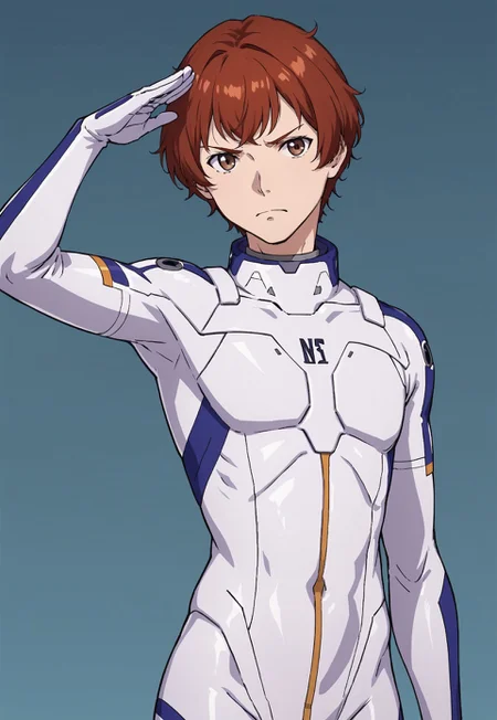 score_9, score_8_up, score_7_up, source_anime, cowboy shot, front view, BREAK, ( lane_aim, brown eyes, auburn hair, best eyes, looking at viewer, new pilot suit, saluting, serious expression, ) 1boy, male focus, solo, BREAK, multicolour background,