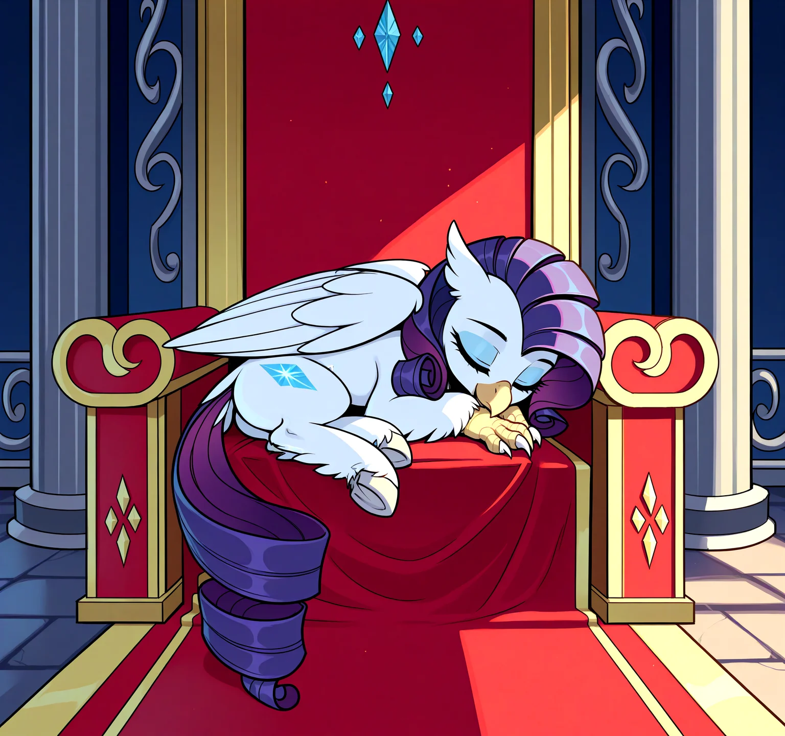 masterpiece, best quality, very aesthetic <lora:MLP-Hippogriff_Illustrious:0.7> hippogriff, classical hippogriff, wings, feral, my little pony, beak, claws, hooves, Rarity, sleeping, in canterlot throne room, folded wings, joyful