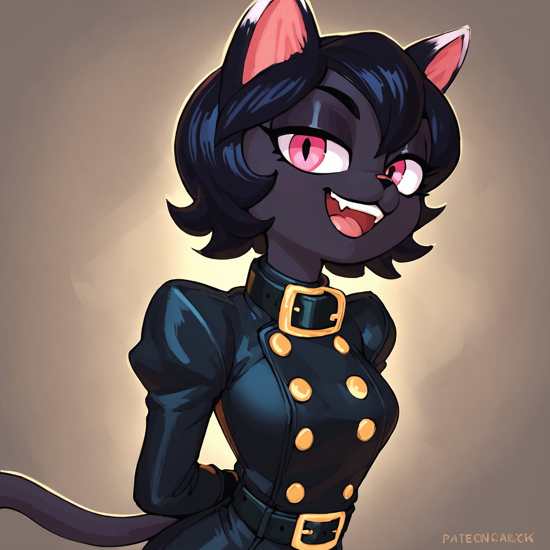 score 9, score 8 up, score 7 up, score 6 up, score 5 up, score 4 up, solo, black cat, cat, black fur, black hair, short hair, yicat, slim, smug face, golden buckle, golden belt buckle, golden belt collar buckle, belt collar, belt, golden buttons, pea coat, trenchcoat, coat, smug, open mouth, hands behind back, looking at viewer, <lora:yicat_sdxl_safetensors:0.8>  <lora:Pixelsketcher_Style_Pony_XL_v2:0.4> pixelsketcher <lora:Chelodoy_Art_Style_LoRa-000007:0.4>
