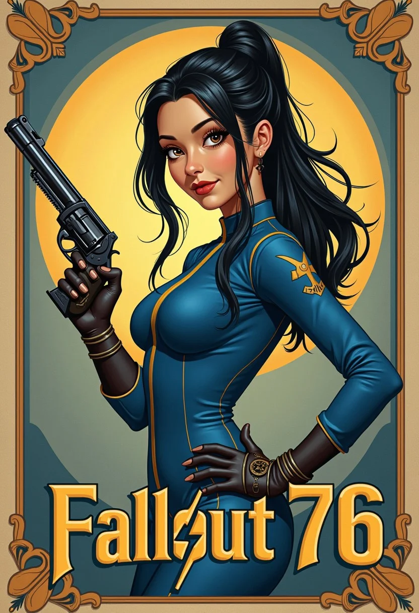 Imagine an Action Hero movie poster for a science fiction movie with art deco framing. Written across across the lower third of the poster in bold, block font are the words "Fallout 76". The Hero a asian woman with hazel eyes an long black hair with a bun holding a revolver steampunk, wearing a one-piece blue fallout 76 suit, in an action pose hero landing. xia, ArsMJStyle, Rococo Steampunk, detailmaximizer, vintage speedpaint, ossttn,