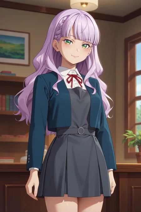 <lora:margarete_izo:0.8>
score_9, score_8_up, score_7_up, 1girl, solo,
margarete, long hair, light purple hair, green eyes,
medium breasts, yuigaoka school uniform, winter uniform, long sleeves open blue jacket, sleeveless grey pinafore dress, red neck ribbon, white collared shirt, thighs,
seductive gaze, bedroom eyes, closed mouth, loving smile,
blush, looking at viewer, standing, contrapposto,
blurry background,