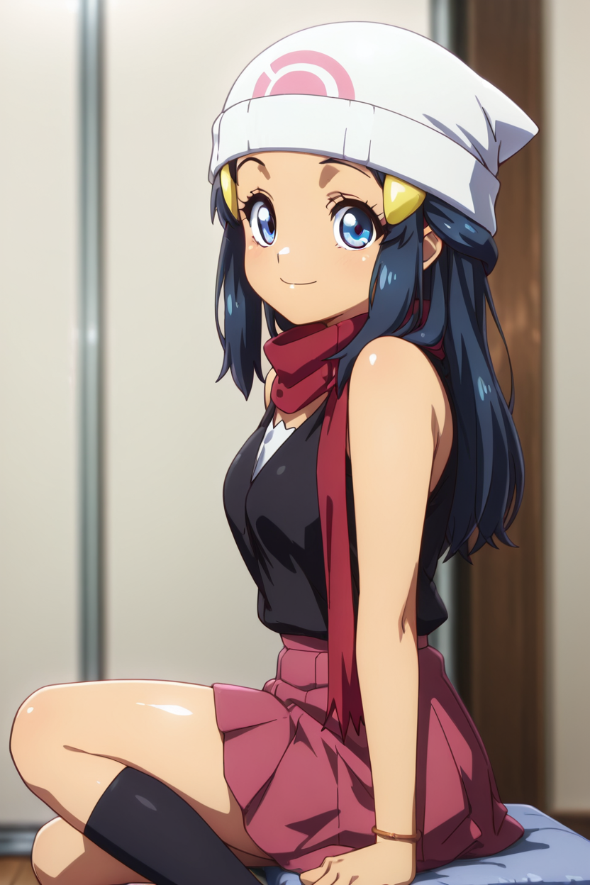 masterpiece, best quality, 1girl, solo, beautiful eyes, zzDawn, blue hair, blue eyes, sidelocks, long hair, bare shoulders, beanie, black shirt, black socks, bracelet, hat, jewelry, kneehighs, miniskirt, pink skirt, red scarf, scarf, shirt, skirt, sleeveless, sleeveless shirt, white headwear,  <lora:DawnPokemonIXL_e07:1.0>  <lora:OkitsuraStyleIXL:1.0>, upper body, side view, smile, looking at viewer, shiny skin,