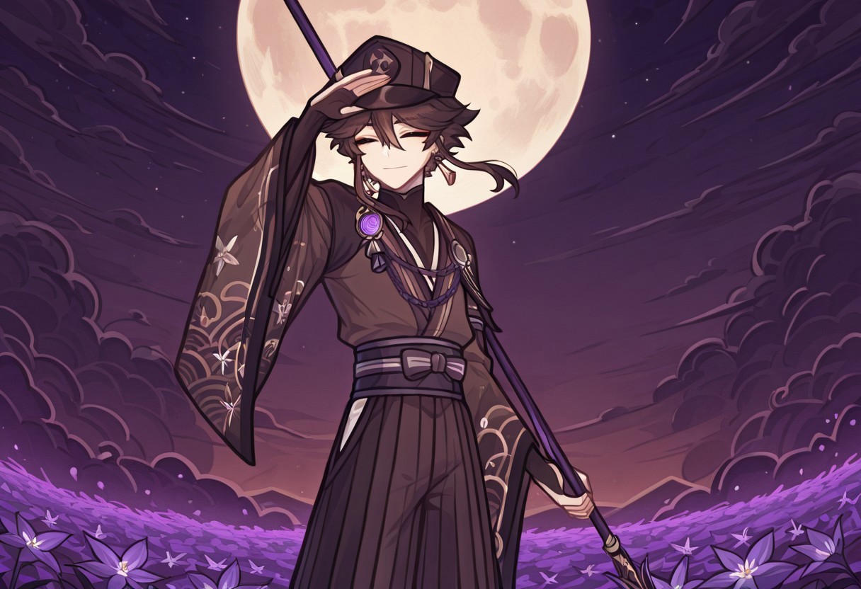 w0lfc0nf, 1 boy, Genshin Impact, male, dark brown hair, human, japanese clothing, hat, closed eyes, no smile, earrings, makup around eyes, focused, fighting stance, one arm up, holding polearm, male focus, beautiful background, flower field, wind, from the side, japanese background, clouds, night time, full moon, masterpiece, warm color, vibrant, general view, perfect quality, best quality, detailed, cool composition, newest, very aesthetic, detailed