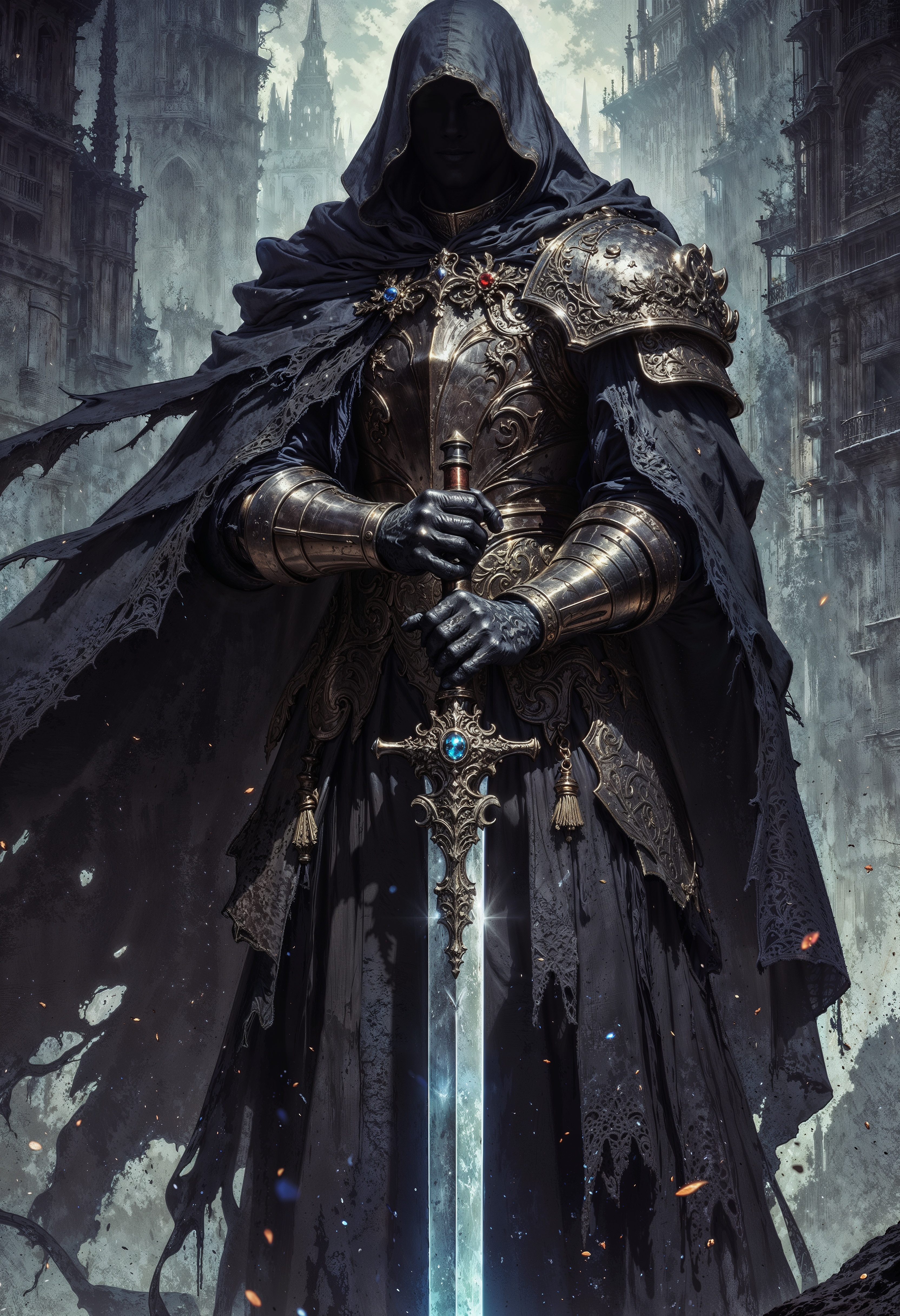 a digital artwork depicting a dark, mysterious knight. The knight is cloaked in a flowing black hooded robe that billows dramatically in the wind, obscuring their face completely. The robe is detailed with intricate patterns and tattered edges, giving it a worn and battle-worn appearance. The knight is equipped with heavily armored shoulder plates and gauntlets, both made of a metallic material that reflects light subtly, adding a touch of realism to the fantasy setting.
The knight holds a long, ornate sword with both hands, the blade gleaming with a faint blue glow at the tip. The hilt of the sword is intricately designed, featuring engravings and a blue gemstone at the pommel. The background is a dark, smoky landscape with a faint, ominous glow, suggesting a post-apocalyptic or fantasy world. The overall color palette is dominated by dark tones, with shades of black, gray, and hints of blue, creating a somber and eerie atmosphere.
The knight's stance is powerful and commanding, with a sense of readiness and determination. The image is highly detailed, with a focus on textures and lighting to enhance the dramatic and otherworldly feel.