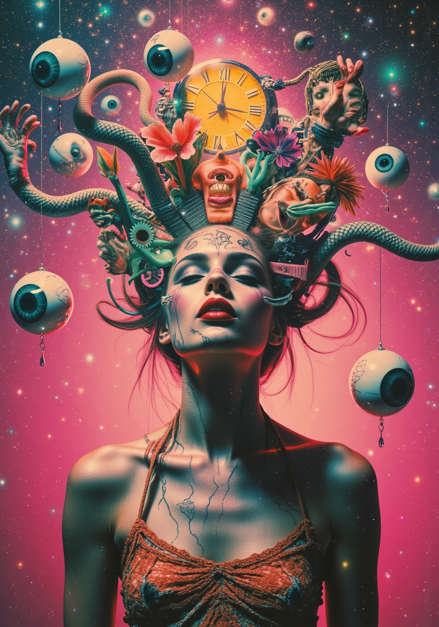 A woman stands at the epicenter of a kaleidoscopic nightmare, her figure fragmented and refracted across the canvas like light passing through shattered glass. Her face is a collage of overlapping emotions—wide-eyed terror, maniacal laughter, serene calm—all layered on top of one another in a chaotic mosaic. Her hair flows upward as if defying gravity, transforming into serpents, birds, and abstract geometric shapes that twist into infinity. The background is a swirling vortex of vibrant neon colors—electric pinks, acid greens, and deep purples—that form impossible landscapes: melting clocks dripping into pools of liquid gold, floating staircases spiraling endlessly into the void, and distorted humanoid faces screaming silently. Her body is semi-transparent, revealing an intricate web of mechanical gears, blooming flowers, and writhing tentacles beneath her skin, symbolizing the fractured nature of her psyche.

Key Details:

Color Palette: Psychedelic neons, clashing contrasts between warm and cool tones.
Textures: Her skin appears both smooth and cracked, with veins glowing faintly like bioluminescent organisms.
Atmosphere: Disorienting and hypnotic, evoking a sense of vertigo as reality dissolves into abstraction.
Additional Elements: Floating eyeballs orbit her head, reflecting distorted versions of her surroundings, while tiny hands sprout from her shoulders, clutching at empty air.
