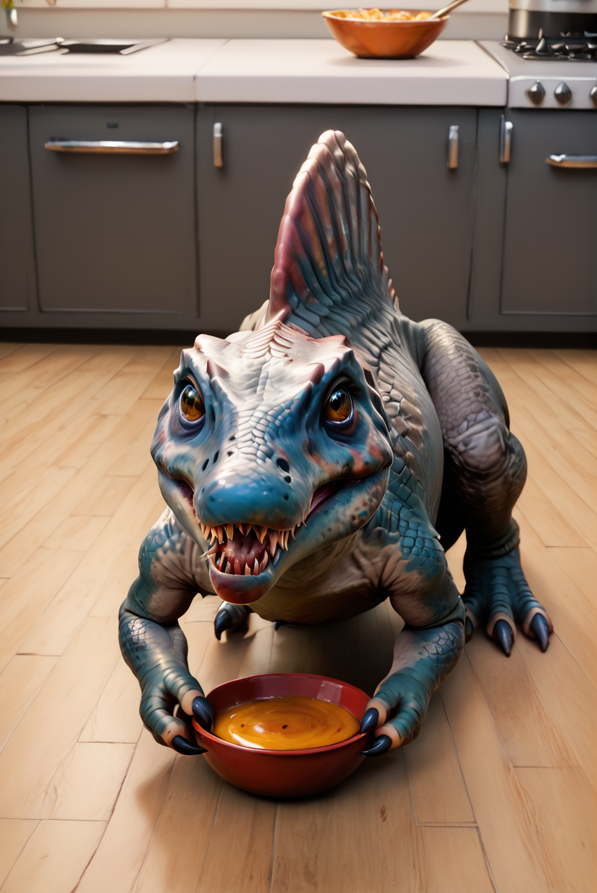 source_furry, score_9, score_8_up, score_7_up, (spinosaurus_jwe, dinosaur, feral, chibi, cute), scalie, light blue scales, orange accents, detailed scales, snout, broad snout, elongated snout, amber eyes, detailed eyes, teeth, sharp teeth, back sail, claws, digitigrade legs, tail, <lora:Spinosaurus_JWE2:0.8>, indoors, kitchen, view from above, look to viewer, looking cute, cute eyes, all fours, feeding bowl before dinosaur, zPDXL2, zPDXLpg, zPDXLrl, best quality, highly detailed, extreme details, masterpiece, photorealistic, hyperrealistic, ultra realistic, hdr, 4k, uhd, ray tracing, shaded