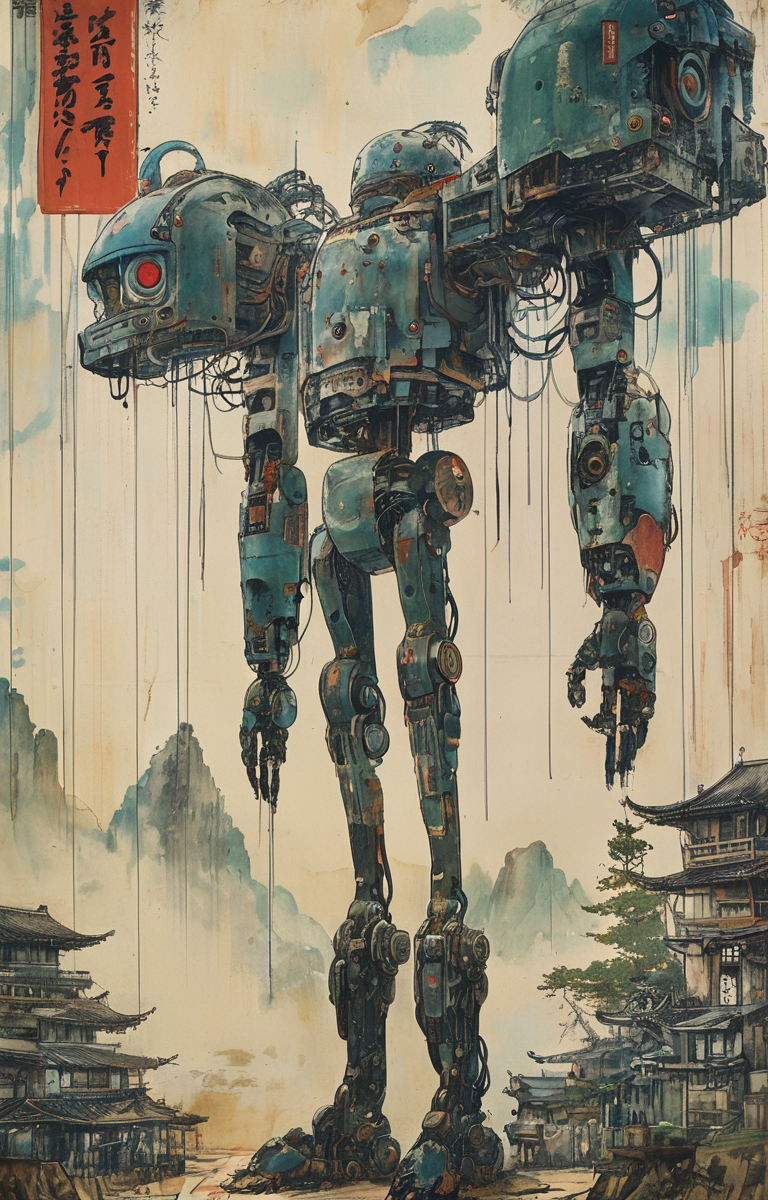 masterpiece,best quality,<lora:tbh162-sdxl:0.9>,illustration,style of Kawanabe Kyosai, cyberpunk city