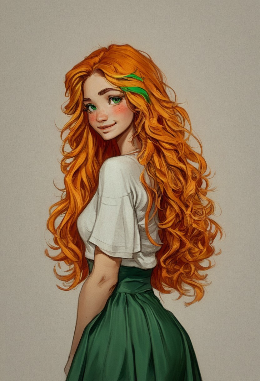 score_9, score_8_up, score_7_up, score_6_up, source_anime, 1girl, cutest girl in the world, orange hair, blond hair highlights, long hair, wavy hair, green eyes, freckles, white shirt, dark green loose skirt, sexy eyes, inviting, naughty smile, suggestive, alluring, cute, big eyes, looking back, looking a viewer, from behind, blushing, curvy, large natural tits, smirk, portrait, detailed drawing, partially illuminated, wide hips, narrow waist, s1_dram,