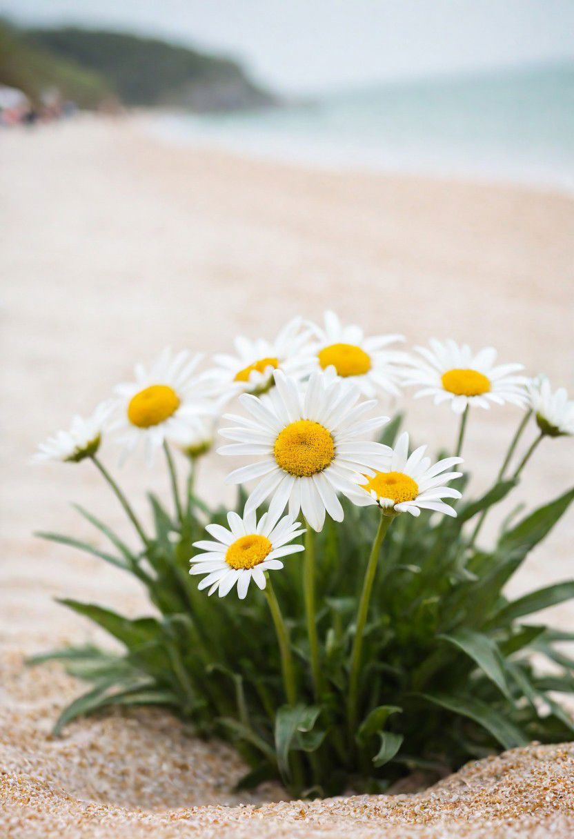 Bavarian ([Daisy:Daisies:2]:1.2) , Ceramic and Groovy, Rule of Thirds, Geeky beach, Hazy conditions, soft focus, Suffering, hard light, 50mm, professional, (sfw:1.1) <lora:picxer_real:0.8>