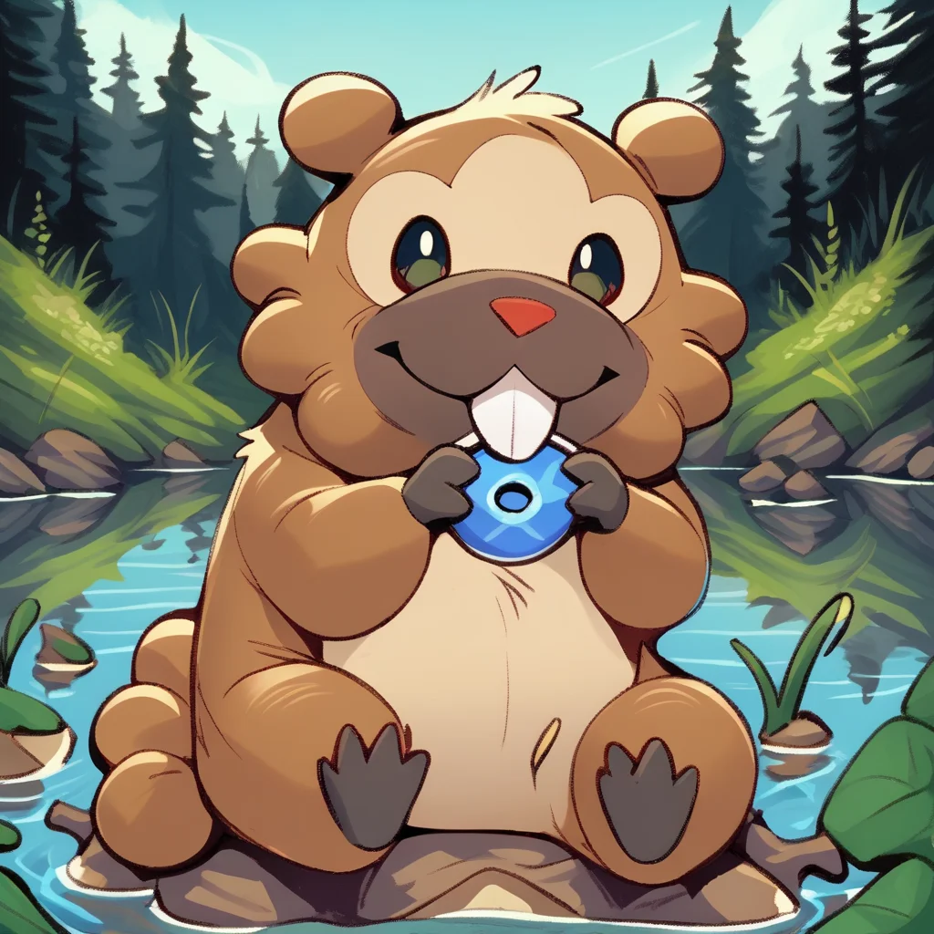 score_9, score_8_up, score_8, furry, Bidoof, Pokemon (creature), brown fur, red nose, buckteeth, cartoon style, 2d, solo, feral, sitting by lake, legs in the water, relaxing, looking at viewer, smile, outside
